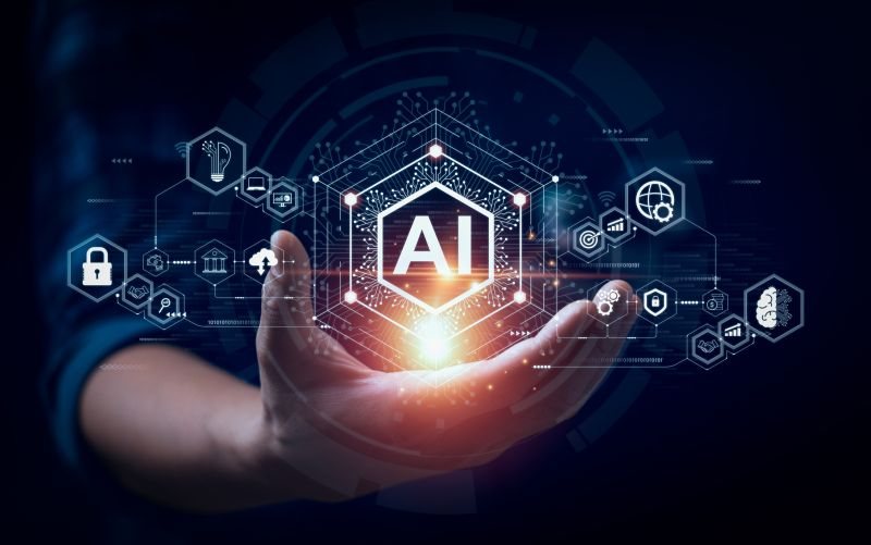 Hand holding an AI security shield surrounded by compliance and access icons