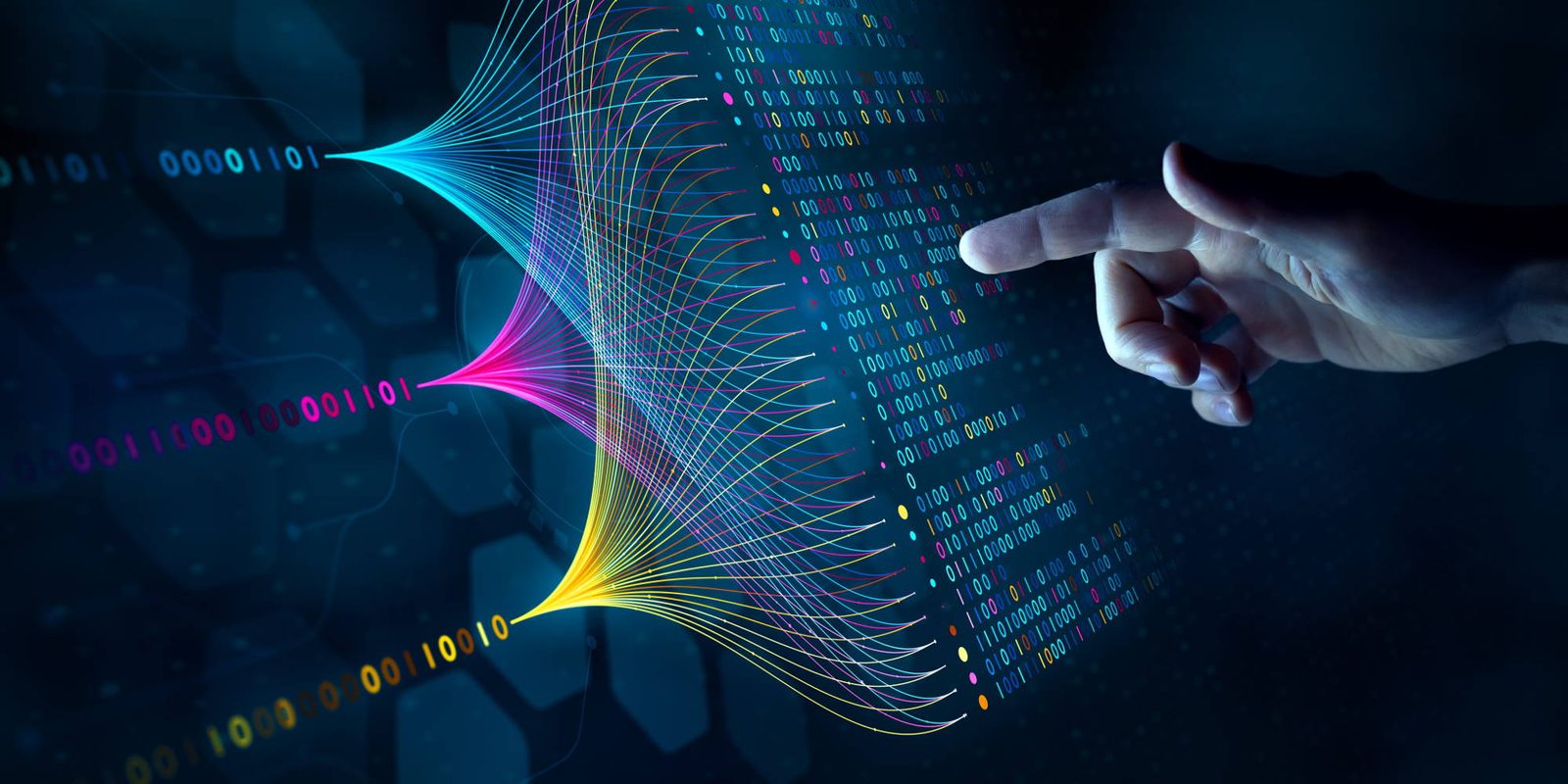 Streams of coloured binary data converging under a pointing finger, as an idea is tested against real data