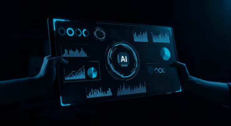 Hands holding a glowing AI operations dashboard of live charts and system metrics