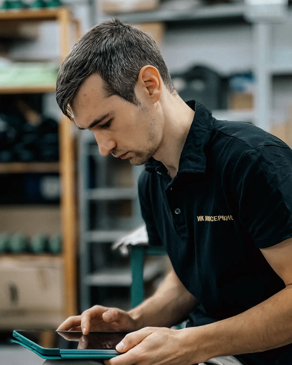 A technician checking inventory on a tablet in a parts warehouse