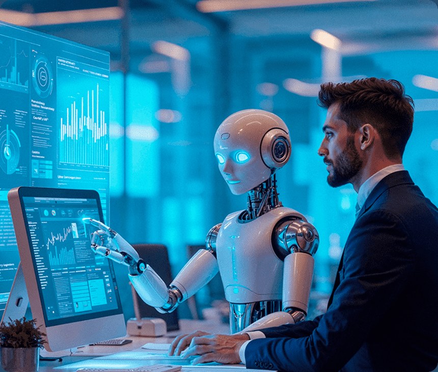 Business lead and a humanoid robot reviewing live analytics dashboards together at a desk