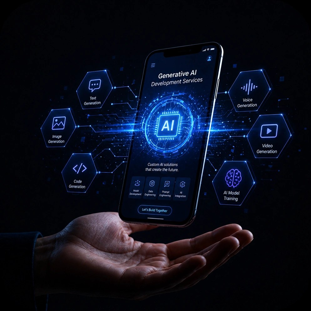 Phone held in an open palm showing a generative AI console for text, image, voice, video and code