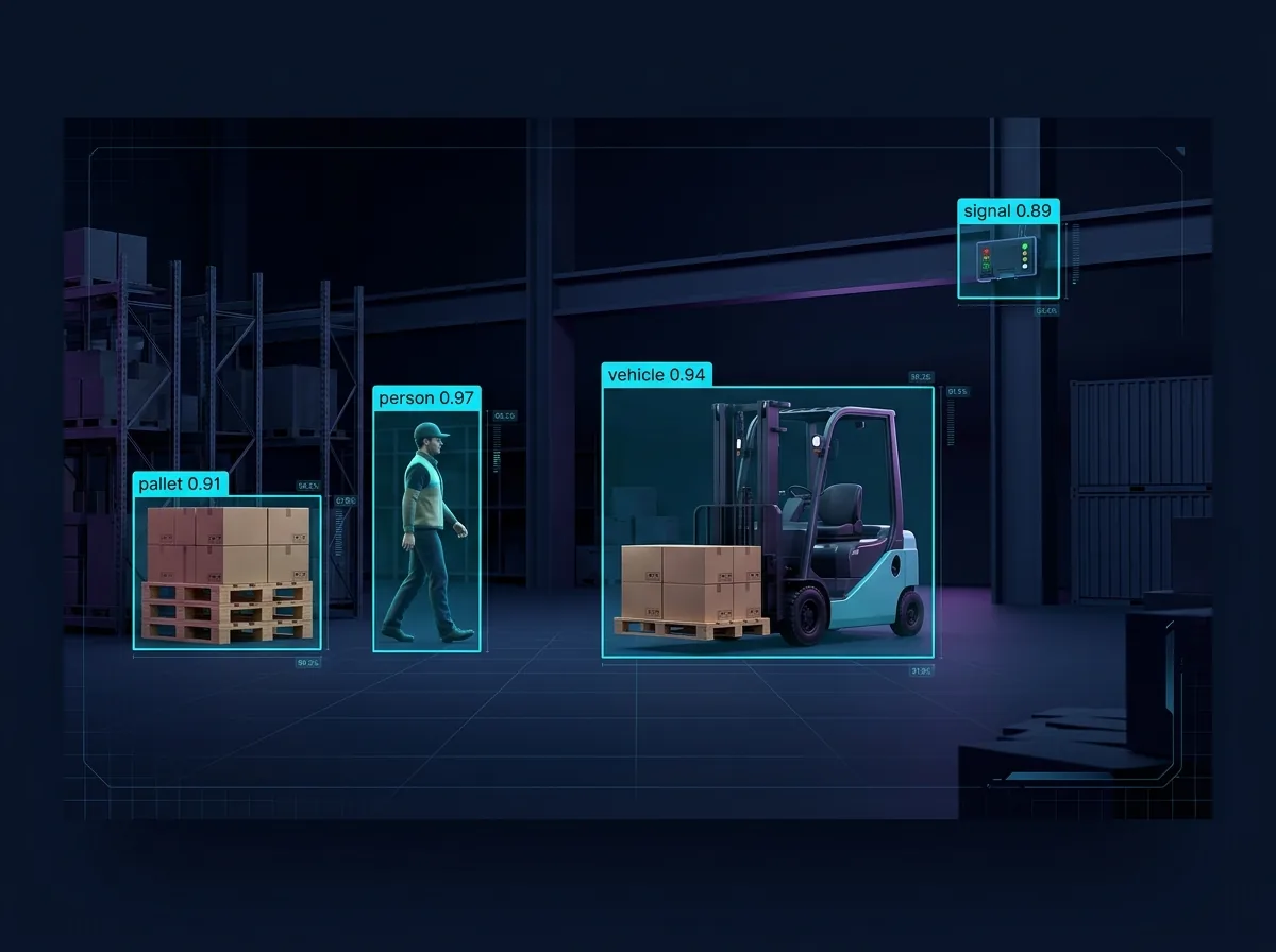 Warehouse camera feed with detected items outlined by bounding boxes