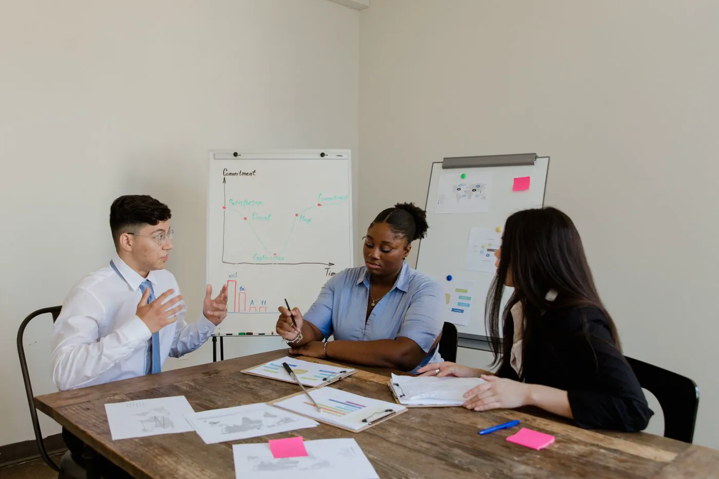 Consultants reviewing charts and a roadmap on a whiteboard during a scoping workshop