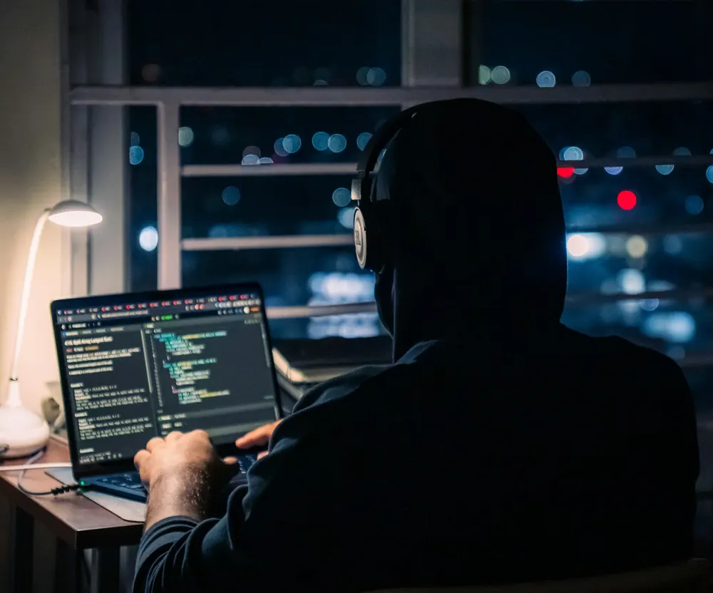 Engineer writing model code on a laptop at night