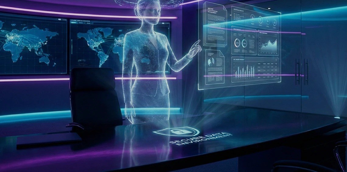 Holographic AI presenter walking a boardroom through live dashboards on a secure data wall