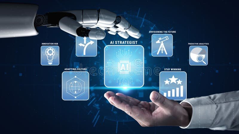 Hand presenting an AI strategy board of planning, forecasting and evaluation panels