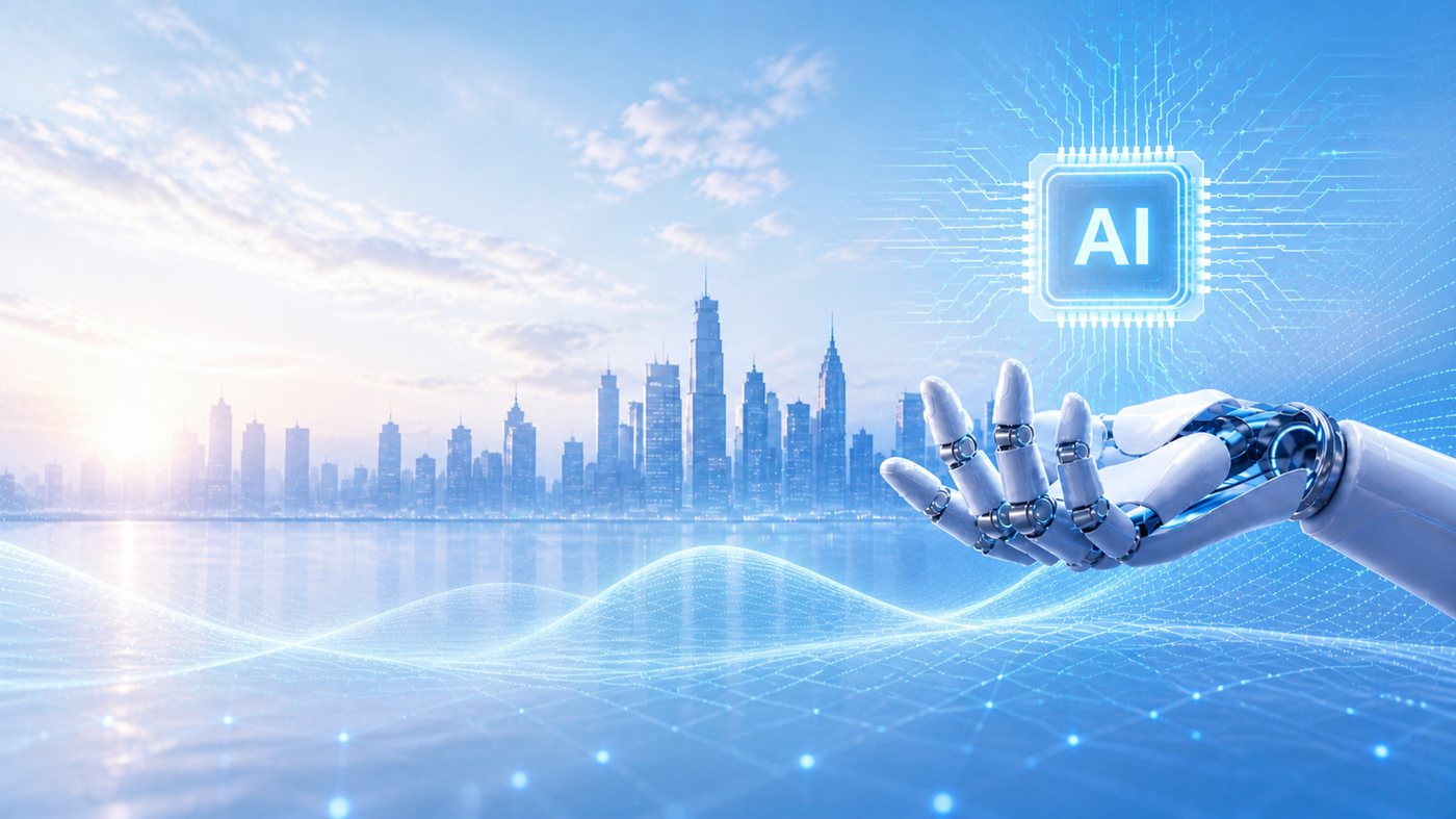 Robotic hand reaching towards a city skyline with an AI chip above the water