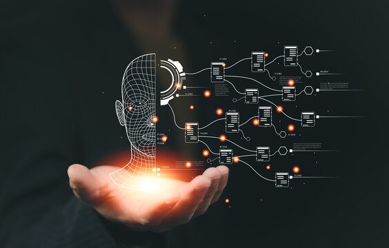 Hand holding a wireframe head wired into a graph of delegated agent tasks