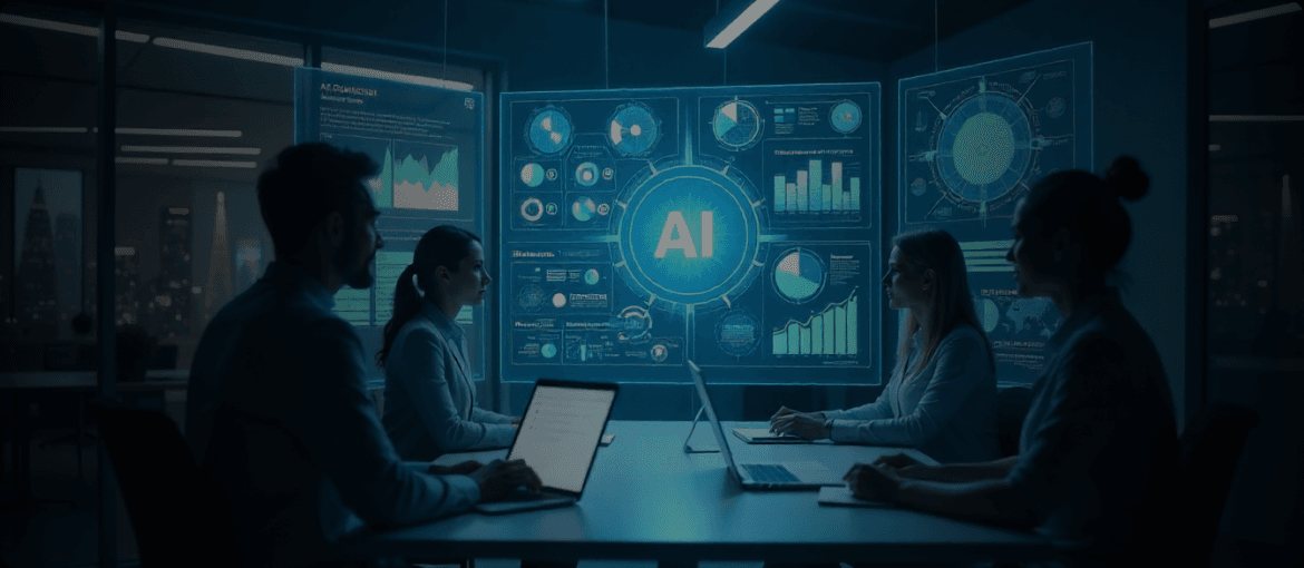 Team reviewing generative AI, automation and analytics dashboards above a connected city skyline