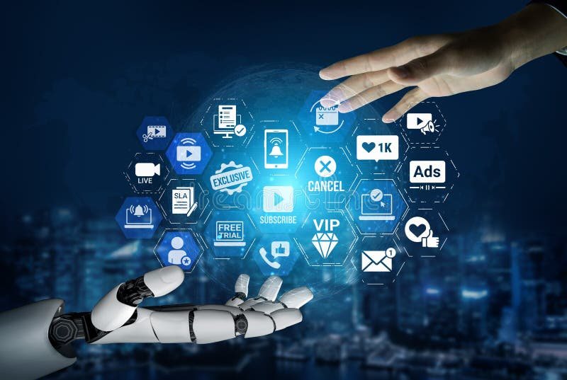 Robotic hand and human hand exchanging generated content, video, email and ad assets