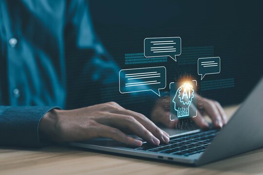 Hands typing on a laptop while an AI copilot answers in chat bubbles