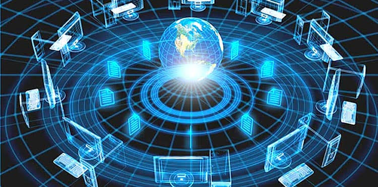 Glowing globe at the centre of a circular network linking laptops, monitors and documents