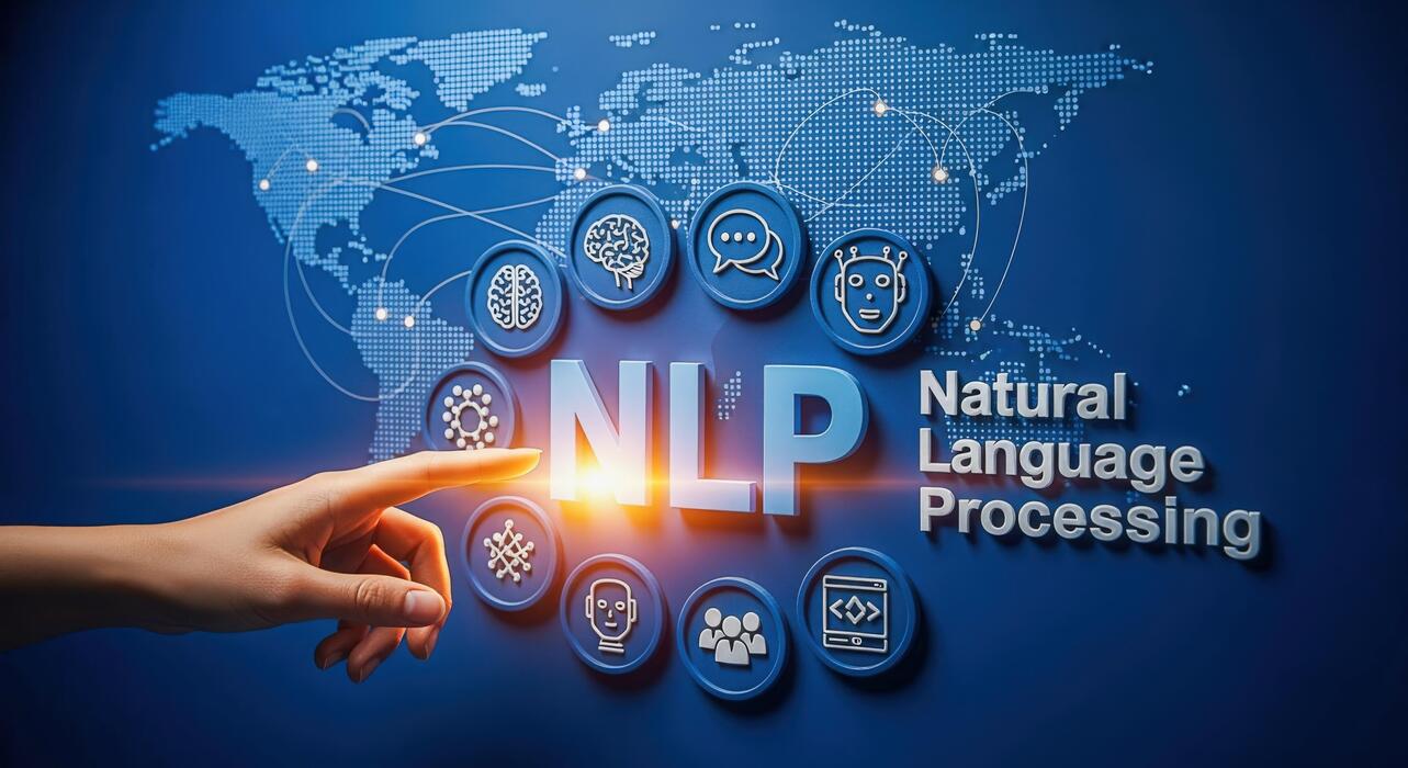 The letters NLP lit above a dotted world map, ringed by icons for speech, chat, and neural networks