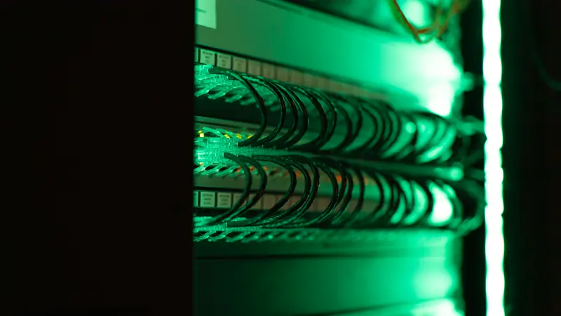 Server rack cabling lit green inside an on-premise server room
