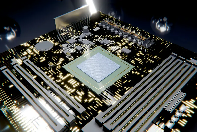 A processor die glowing on a dense circuit board