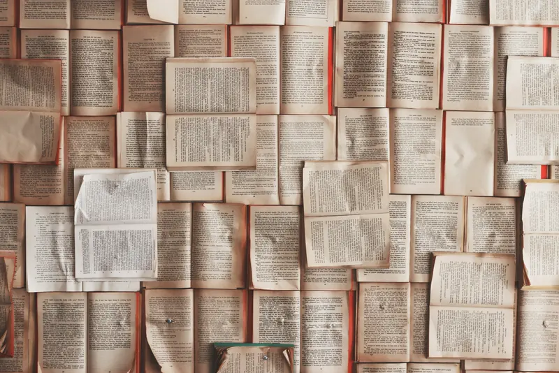 A wall covered edge to edge in open book pages