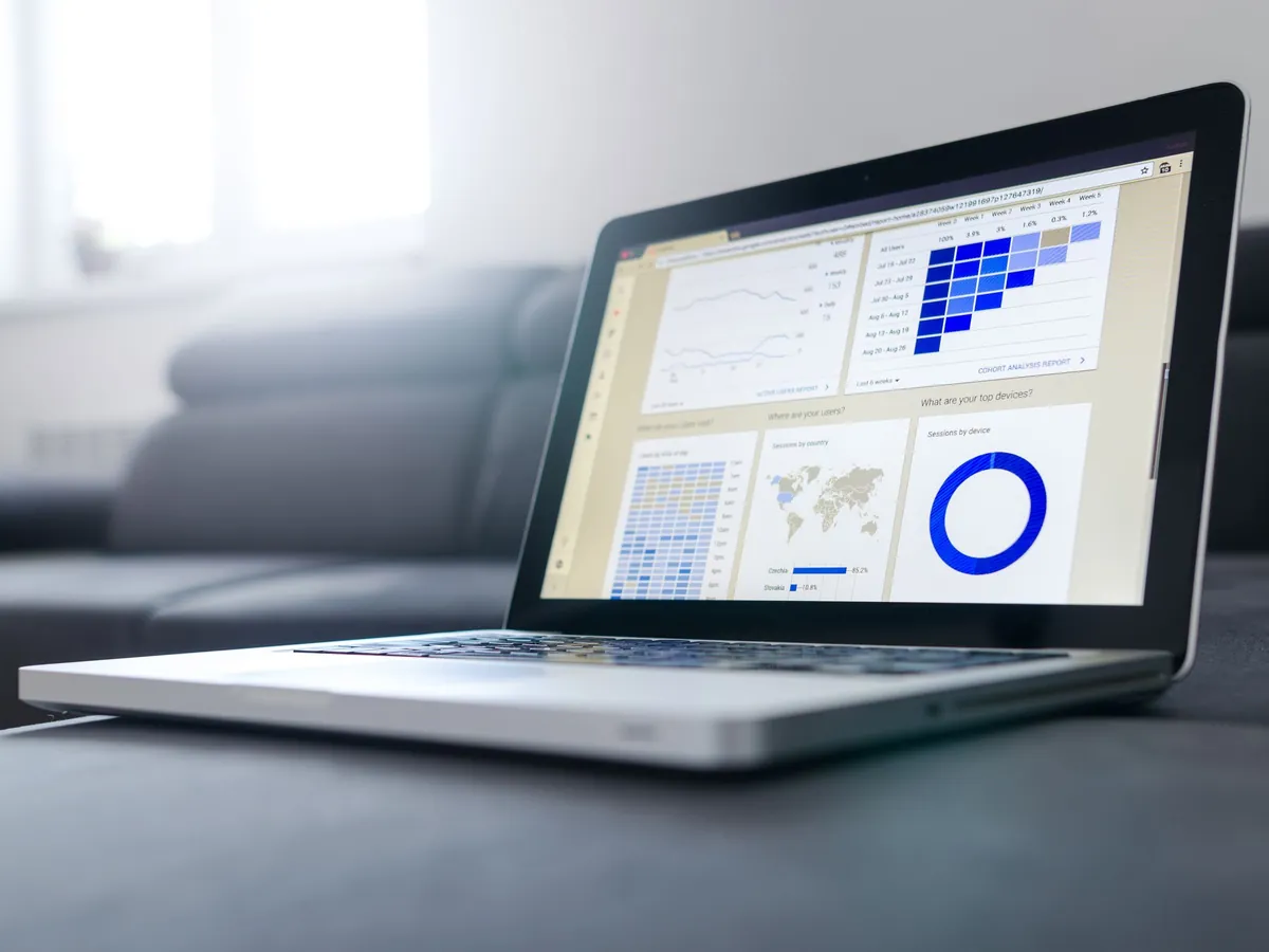 A laptop showing a financial analytics dashboard