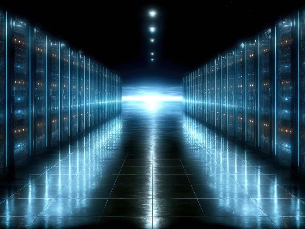 Rows of servers in a data centre lit by blue neon