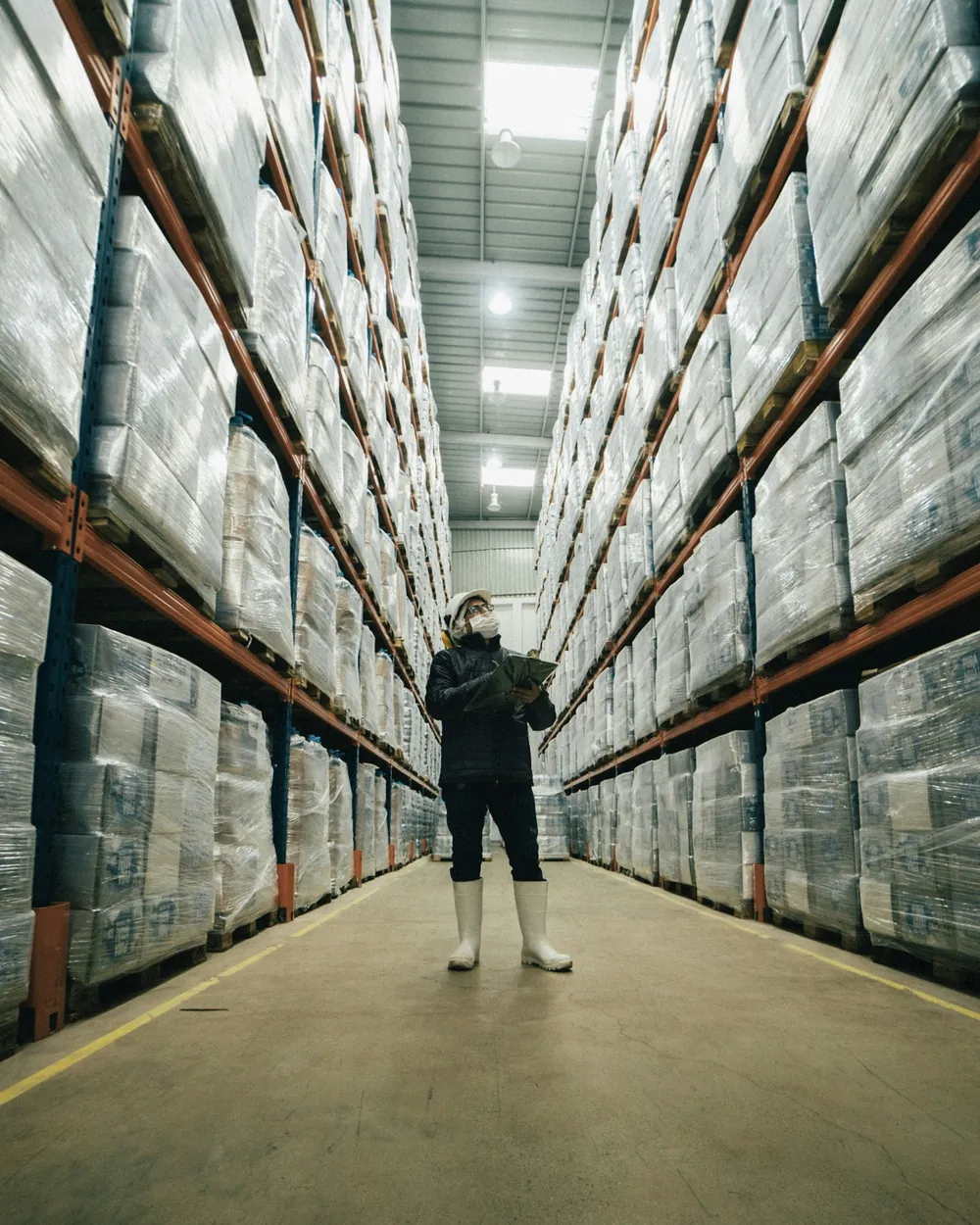 A worker standing between tall racks of palletised stock in a warehouse