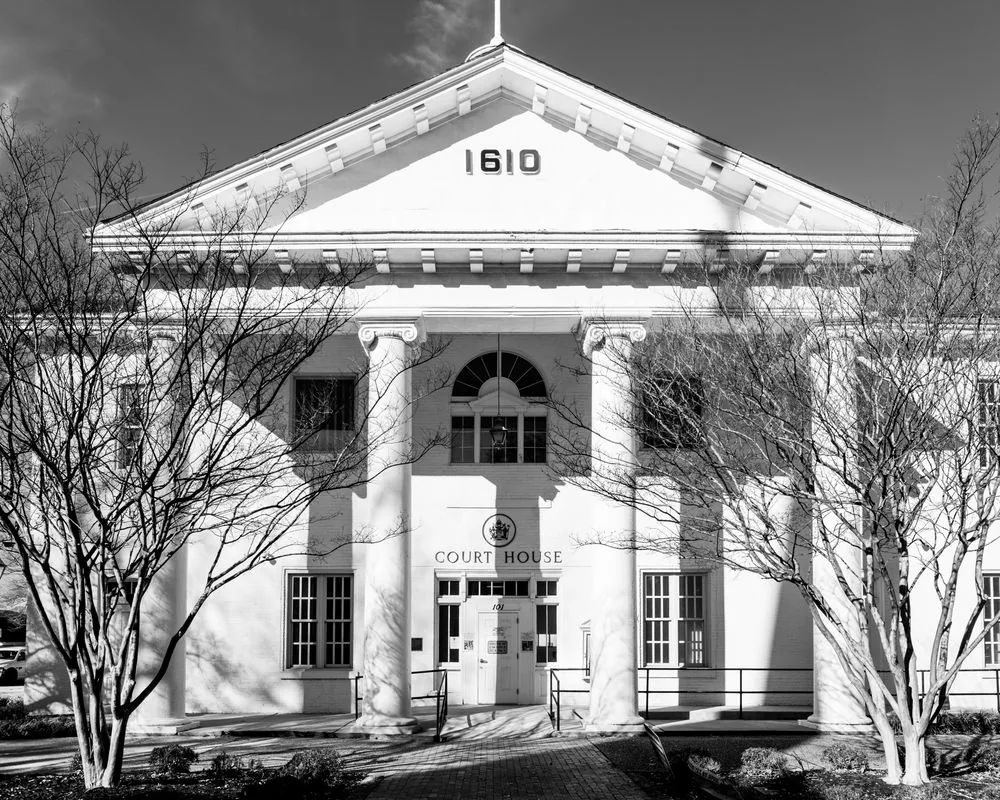 The facade of a historic courthouse building