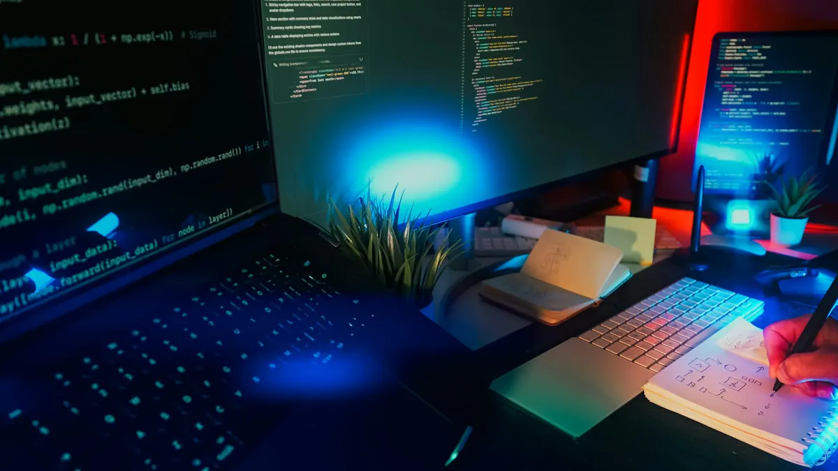 Developer workstation with pipeline code on screens under neon light