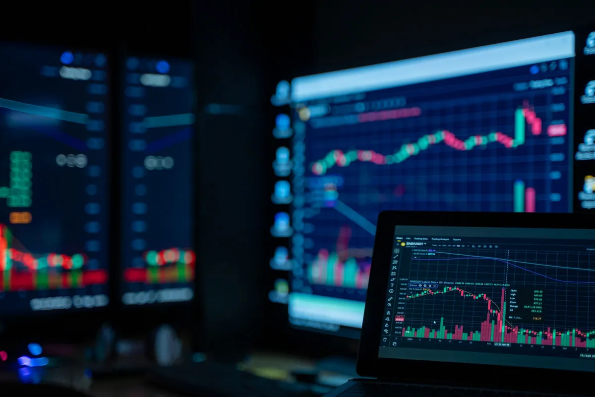 A trading desk of monitors showing live market charts