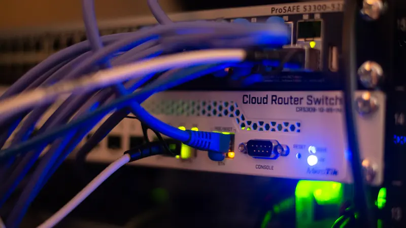 Blue network cables plugged into a cloud router switch