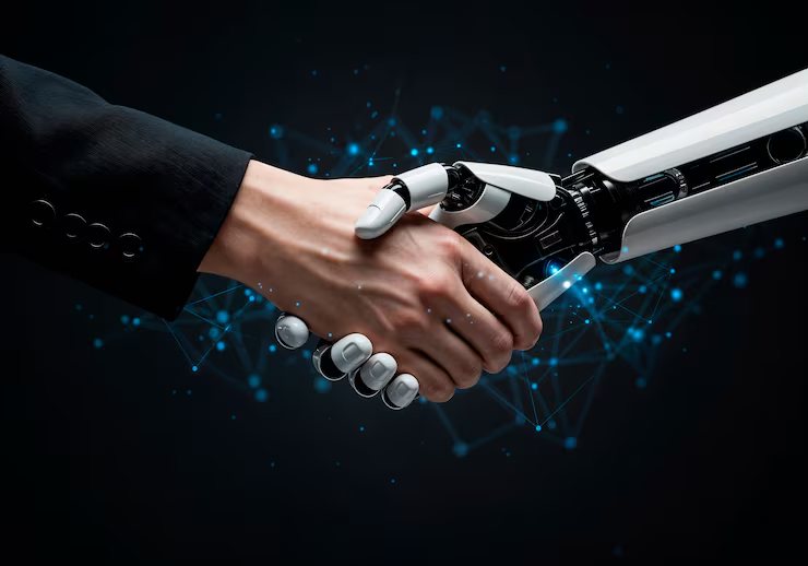 Human hand and robotic hand shaking against a network of connected nodes